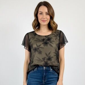 Just In! Talbots Petites Elegant Black Sheer Floral Beaded Blouse - Size 12P